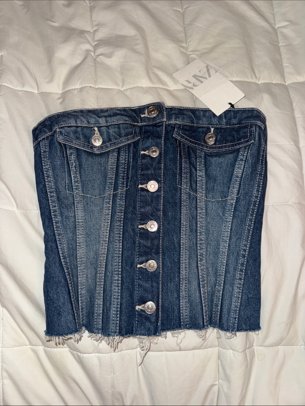 Zara Denim Strapless Corset Top in Dark Wash
